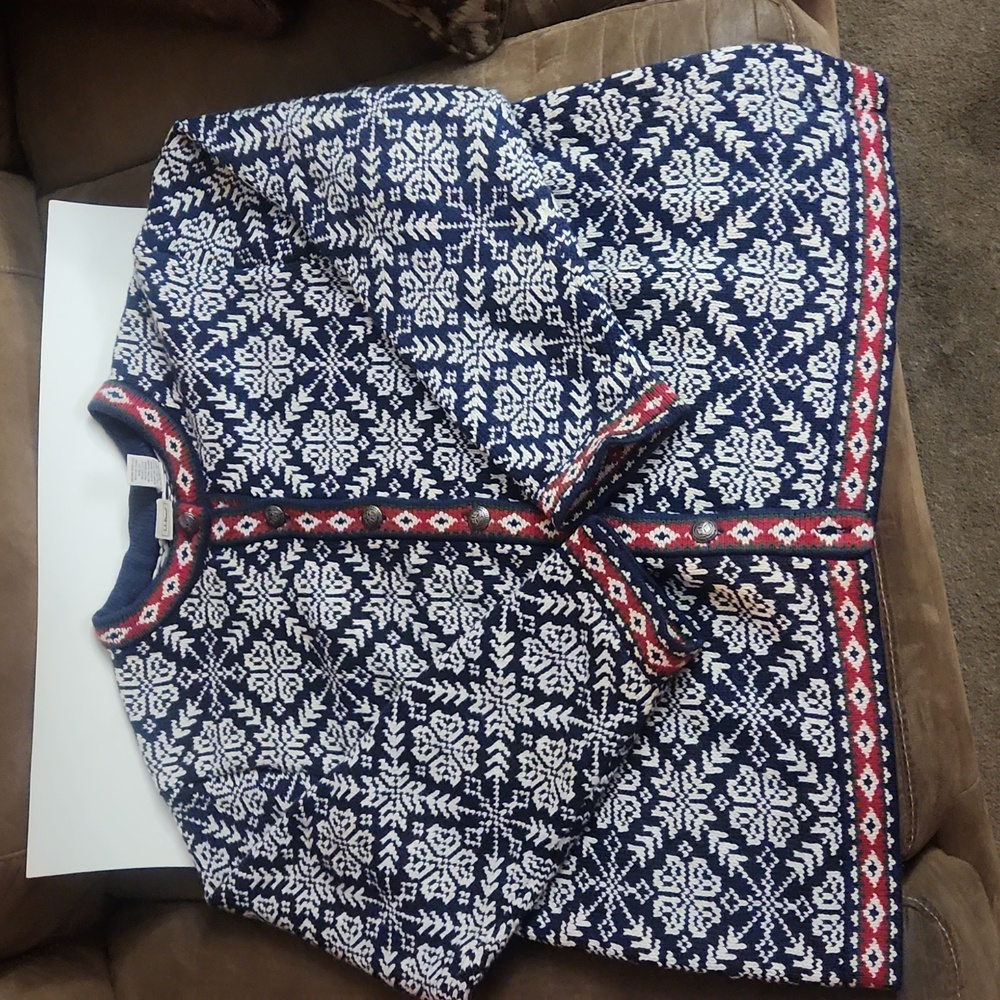 Norwegian-Style Navy & White Knit Cardigan Sweater with Red Trim